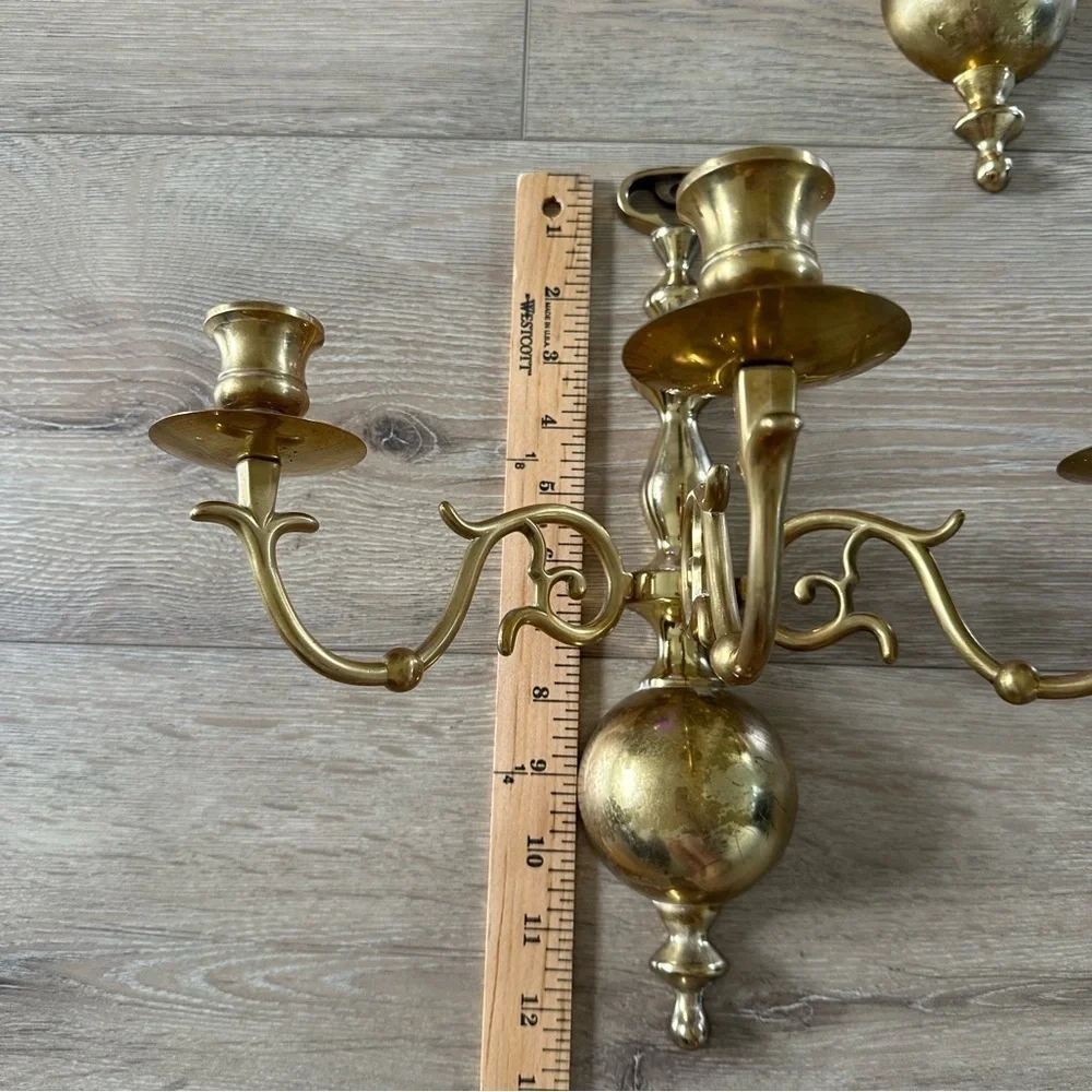 Vintage Solid Brass Three Candle Holders Wall Mount 2 As Set